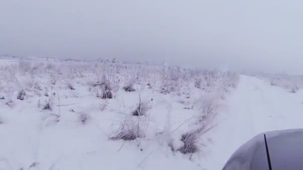 O carro atravessa o campo no inverno. Vista do POV FPV — Vídeo de Stock