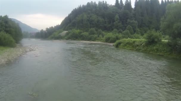 Calme petite rivière de montagne par temps nuageux.Aérien — Video