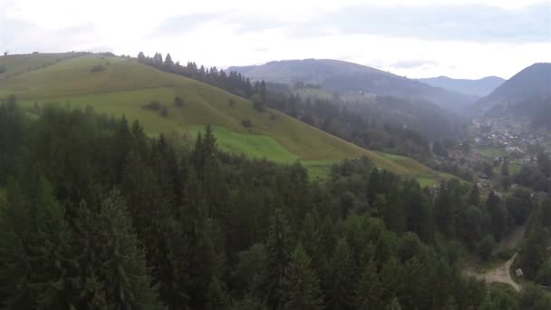 Collines avec arbres et village par temps nuageux. Aérien — Video