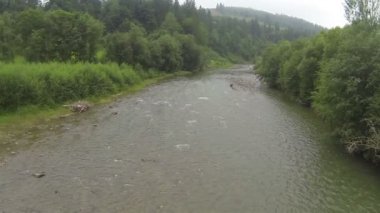 Uçuş ile ahşap dağ nehir üzerinde bulutlu günde yavaş. Hava