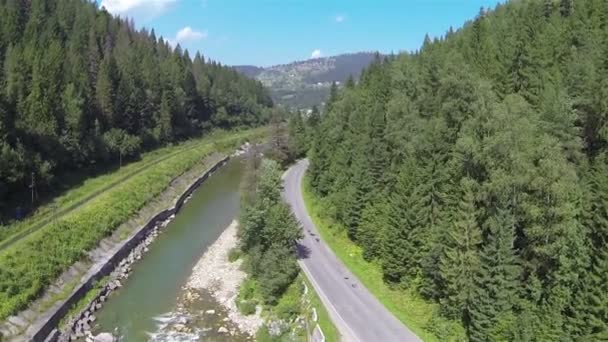 Flight up over   mountain river with wood  and road . Aerial — Stock Video