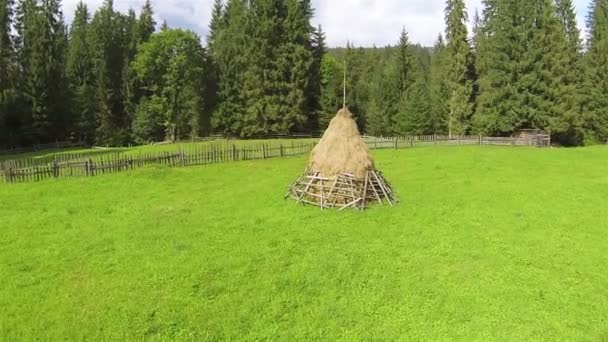 Haystack no prado verde. Tiro aéreo — Vídeo de Stock