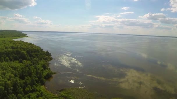 Panorama de mar, madera y cielo con nubes. Antena — Vídeo de stock