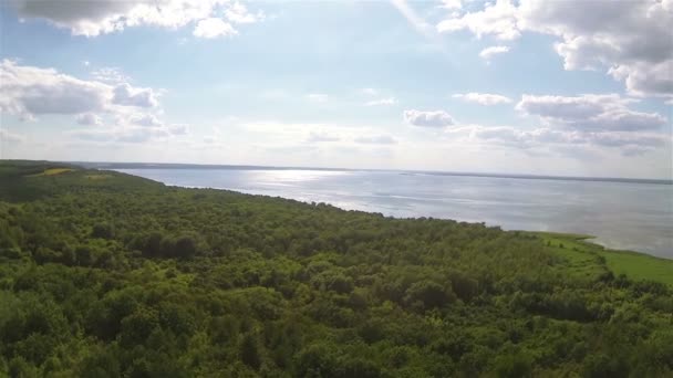 Zee en de bergen met hout. Luchtfoto landschap — Stockvideo