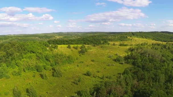 Wood  on hills, blue sky with clouds .Aerial — Stock Video