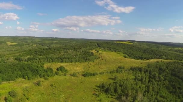 Wald mit ländlicher Straße auf Hügeln. Luftaufnahme — Stockvideo