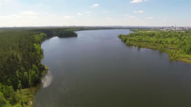 Suburban landscape with lake . Aerial movement — Stock Video