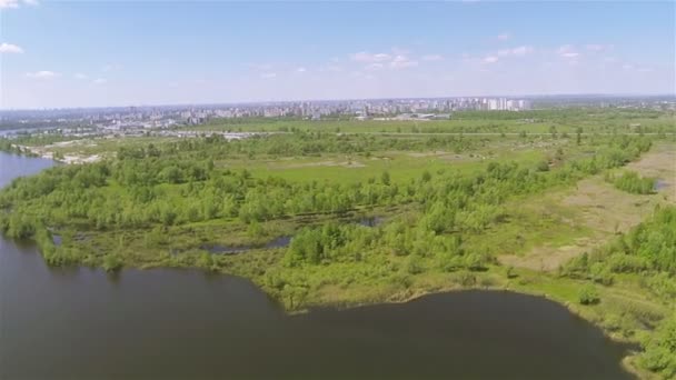 Панорама пригорода с заводскими трубами, деревом и озером. Воздушный — стоковое видео