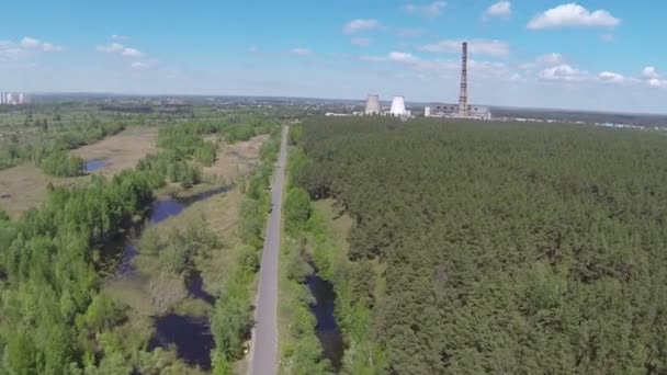 Hout en fabriek met pijp. Luchtfoto — Stockvideo