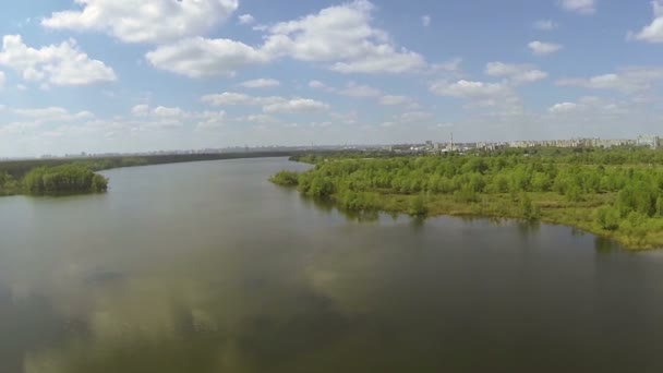 Madera y lago con fábrica. Movimiento lento aéreo — Vídeo de stock