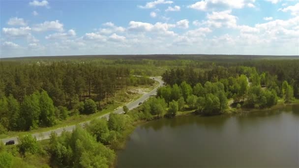 Landscape with   lake, wood and road with cars. Aerial — Stock Video