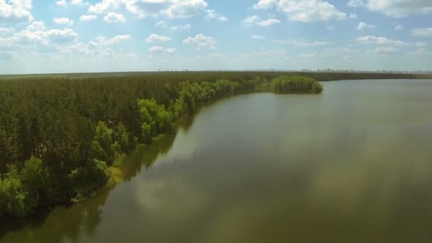 Krajina s jezerem, dřevo a krásné nebe. Antény — Stock video