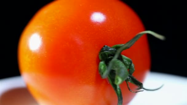 Tomate rojo gira sobre plato blanco, fondo negro .macro — Vídeo de stock