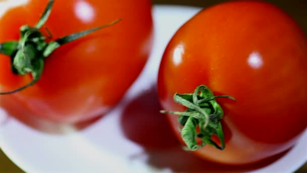 Two tomatoes  turns on  white plate. Close up — Stock Video