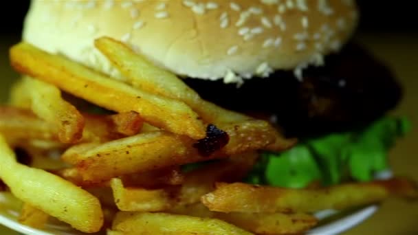 Hamburger avec pommes de terre frites en rotation. Macro — Video