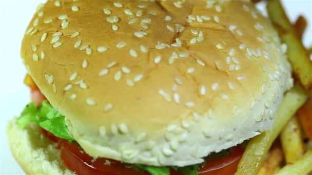 Hamburger con patate fritte a rotazione. Macro — Video Stock