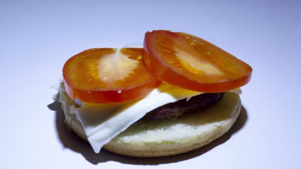 Hambúrguer com queijo, carne e legumes construir e comer — Vídeo de Stock