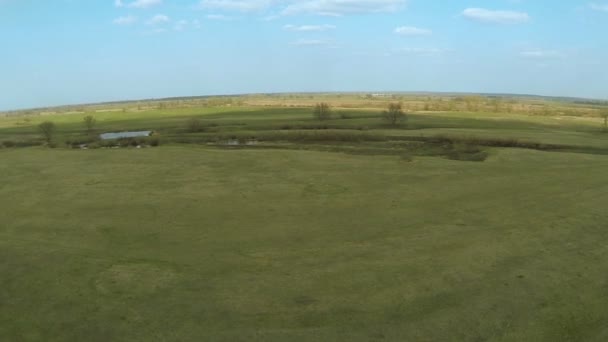 緑の草原、川、空飛ぶの 43 秒。空中風景 — ストック動画