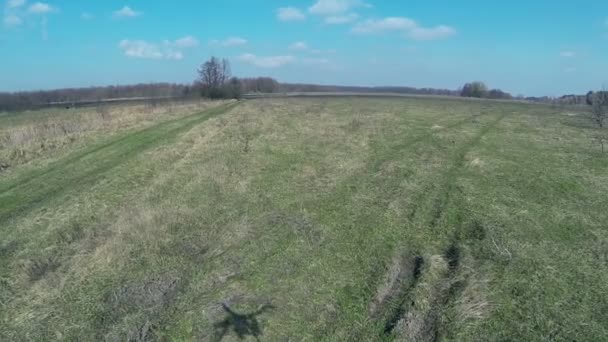 Schatten von einer Hubschrauber-Drohne auf der grünen Wiese. Antenne — Stockvideo