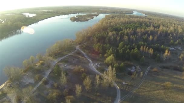 美丽的早晨景观河与木材。空中的 53 秒飞 — 图库视频影像