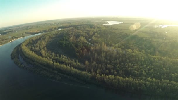 Mooie panorama van ochtend rivier en hout. Luchtfoto — Stockvideo