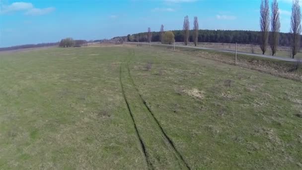 Road with  car and  field. Aerial — Stock Video