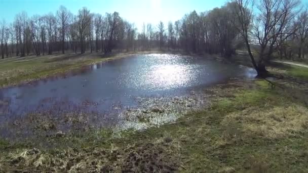 太陽光が反射して美しい小さな湖。空中 — ストック動画