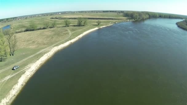 Beautiful river and wood in the spring .Aerial — Stock Video