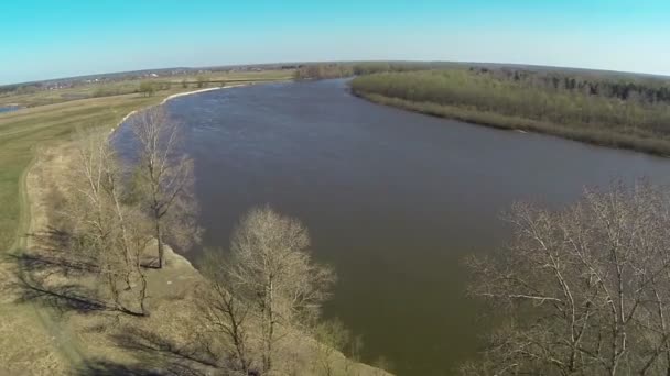 Over bomen en de rivier. Voorjaar landschap. Luchtfoto — Stockvideo