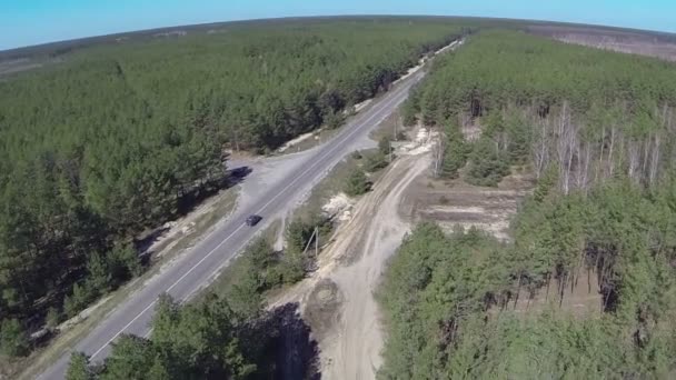 Landschap met hout en weg en auto's. Luchtfoto bovenaanzicht — Stockvideo