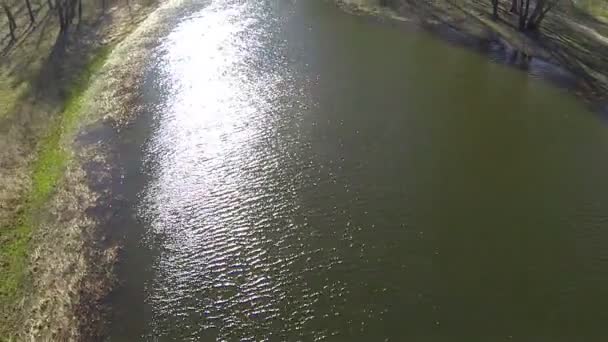 Oben über dem in der Sonne glitzernden See. Luftbild — Stockvideo
