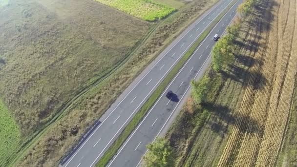 화창한 날 공중 평면도에서 자동차와 함께 고속도로 위로 비행 — 비디오