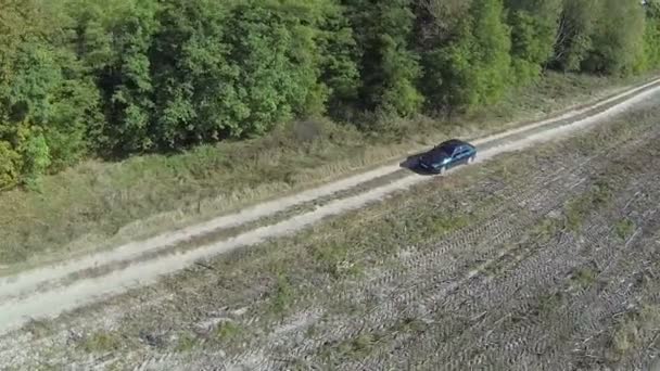 Grünes Auto fährt auf Feldweg in Feld. Luftaufnahme von oben — Stockvideo