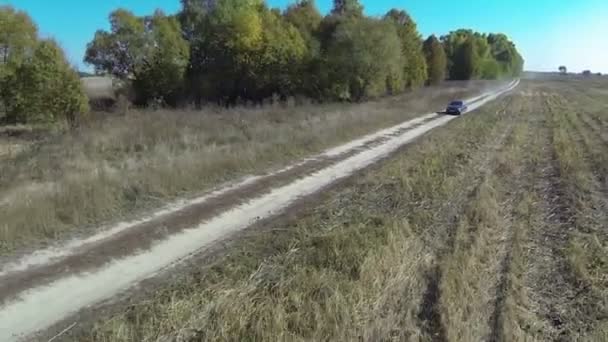 Zöld autó megy földúton mezőben légifelvételek. — Stock videók