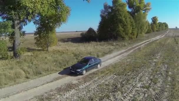 Eenzame groene auto op landelijke onverharde weg. Luchtfoto — Stockvideo