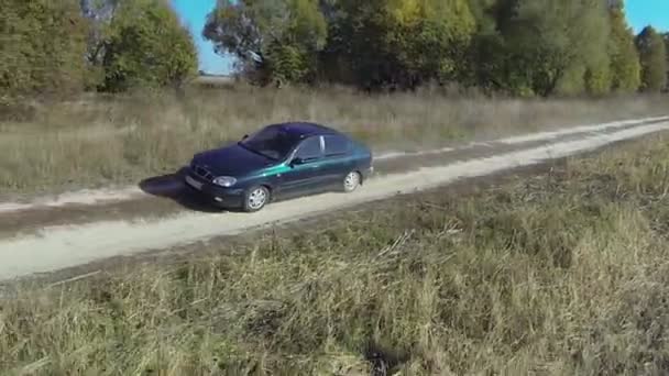 田舎の未舗装の道路上の孤独なグリーン車。ドローンの影と空撮 — ストック動画