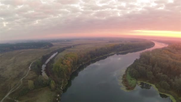 Zachód słońca, rzeki i drewna. Harmonia natury. Antenowe panorama strzał — Wideo stockowe