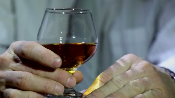 Mans händer, cognac, whisky, alkohol — Stockvideo