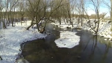 Uçuş kış ahşap küçük nehir üzerinde. Hava