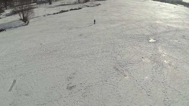 Silhouette di persona su ghiaccio lago ghiacciato. Aerea — Video Stock