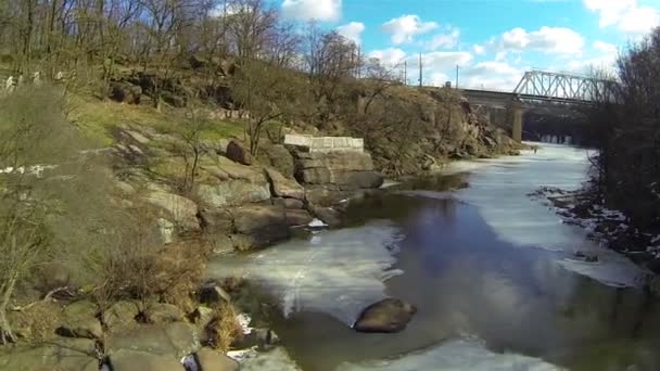 Flight in park with winter river. Aerial panorama — Stock Video