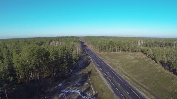 Mooie vlucht over hout en weg in zonnige dag. Luchtfoto — Stockvideo