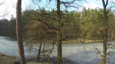 Üzeri donmuş göl ve ahşap. Hava