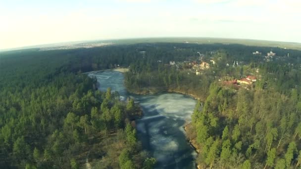 Panorama z drewna, jeziora w zimie Przedmieście. Antenowe — Wideo stockowe