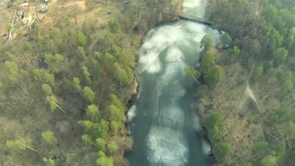 Top view  of  wood, lake with bridge in  winter . Aerial — Stock Video