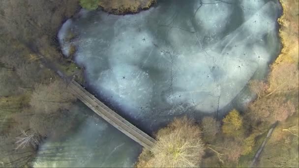 Vista dall'alto del ponte sul fiume invernale ghiacciato. Aerea — Video Stock