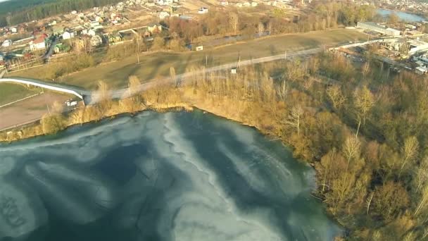 Decrease over  lake in winter. Aerial — Stock Video