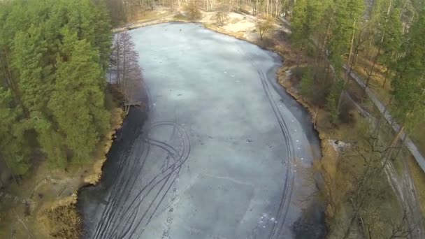 Winter wood with frozen lake. Aerial top view — Stock Video