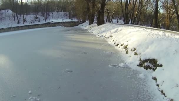 Силуэт человека, купающегося в ледяной яме зимой — стоковое видео