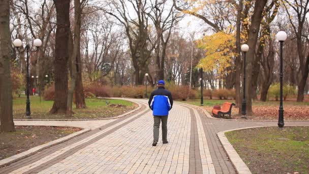 Homem faz um passeio no parque de outono — Vídeo de Stock